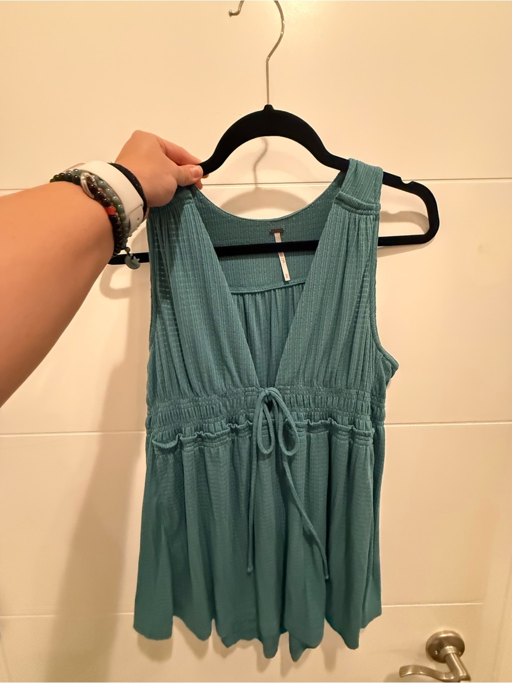 Free People Teal Ribbed Babydoll Tank Top | Size M